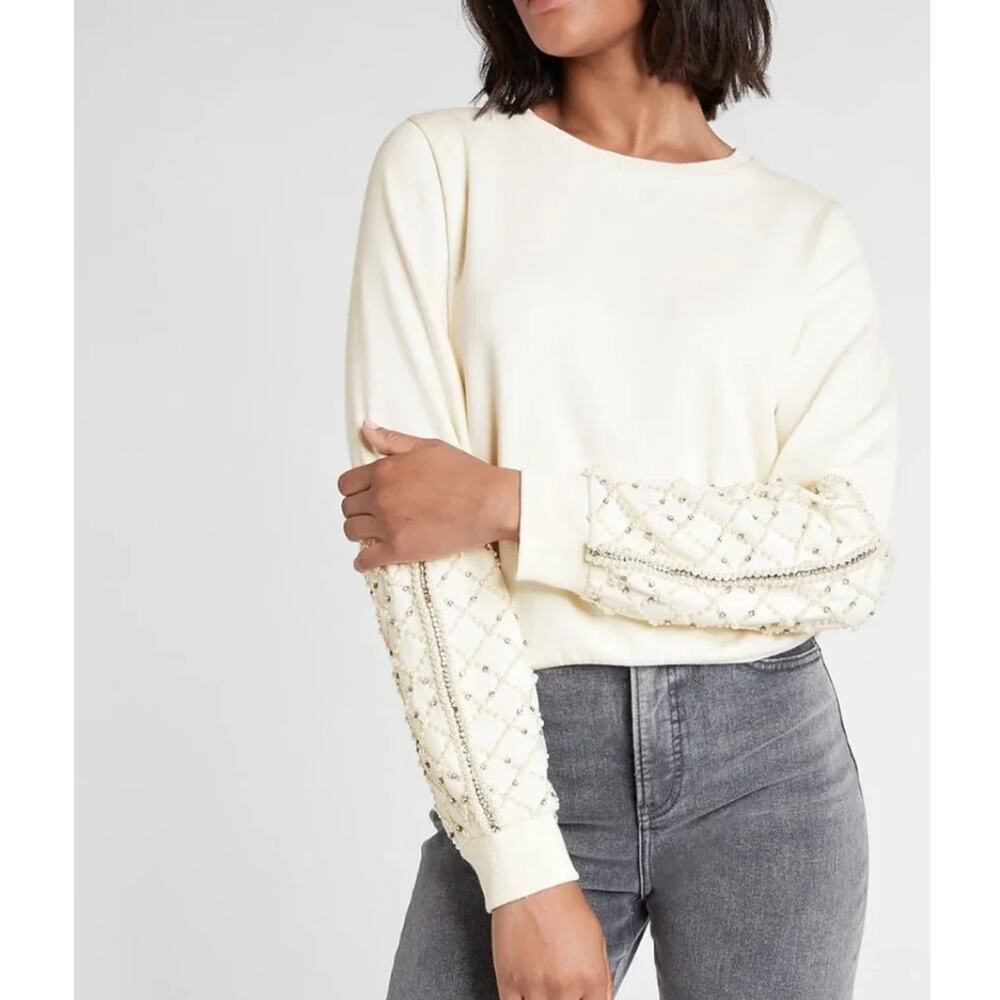 NEW Express Embellished Sweatshirt Womens S Ivory Rhinestone & Faux Pearl Crew - Picture 2 of 11